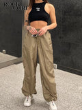 Rockmore Brown Cargo Pants Baggy Women Fashion Low Waist Sweatpants Solid Casual Vintage Trousers 90s Streetwear Joggers
