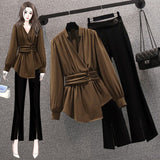 Summer New Elegant Women's Pants Set Fashion Velvet Chiffon Top Wide Leg Trousers Two-piece Set Female Tracksuit
