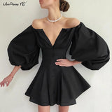 18 Sexy Off Shoulder Pleated Dress Women Elegant Lantern Sleeve Party Dress Evening White Cotton Dresses New Chic