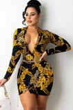 Print Retro V-Neck Mini Bodycon