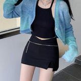 E Girl Black Mini Skirt Women Punk Sexy Chain Belt Slit Korean Cute High Waist A-line Micro Skirt Y2K Skort