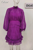 Vintage Fold Dress Long Lantern Sleeve Turtleneck High Waist Slim Summer Dresses Women Fashion Clothes 2023