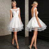 party dress gift 2022 Elegant Tulle A-Line Short Dresses For Wedding Bride Lace Appliques Tiered Backless Wedding Dress O-Neck Vestido De