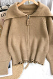 Solid Sweater Cardigan Women Sailor Collar Knitted Sweater Coats Casual Loose Zip Up Korean Fashion Knitwear Chic