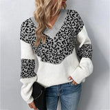 New Autumn Casual Woman Oversized Sweaters Winter Long Sleeve Knitted Jumper Sweater Women V-neck Leopard Print