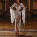 Dress Fashion Tassel Silver Gown Birthday Party Ladies Wear Sequin Sparkly Sexy Slit Womens Dresses Elegant