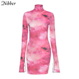 Tie-Dye Printing Petal Sleeve Half-High Collar Women's Dresses Sexy Casual Elastic Tight Street Colorful Bodycon