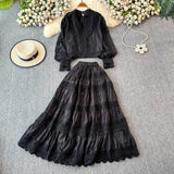 Autumn Lantern Sleeve Long-Sleeved Hollow Lace Splicing Shirt + A Word Half-Dress Dress Dress