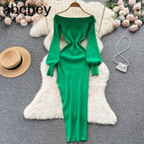 Women Korean Knitted Dress Long Sleeve Slash Neck Elastic Slim Pencil Dresses 2022 Autumn Sexy Bodycon Split Sweater