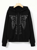 Rhinestone Skeleton Pattern Zip Up Drawstring Thermal Hoodie E-girl Streetwear Diamond Harajuku Jacket New Autumn