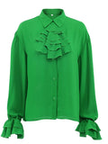 Green Ruffle Blouse Elegant Women Sheers Chiffon Shirts Lantern Sleeve Frill Top Chic Cascading Ruffle Blouse