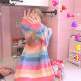 Women's Jacket Autumn Winter Rainbow Striped Long-sleeved Hoodless Shirt Harajuku Female Student Korean Version Tide Loose