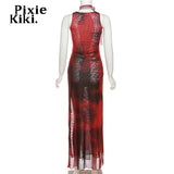 Red Print Mesh Sheer Asymmetric Dress Sexy Frill High Split Strapless Long Dresses for Women Club Outfit 2023