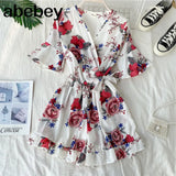Women Rompers casual wide leg pants overalls short sleeve v neck solid playsuits summer beach chiffon ruffle