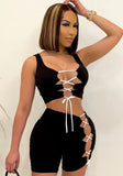 Sexy V-neck Sleeveless High Waist Lace Up Skinny Two Piece Shorts