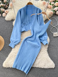 Fashion Vintage Sweater Two Pieces Sets Women Knit Cardigan+Midi Camis Dress Autumn Streetwear Loose Knitted
