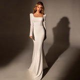 Graduation party dress gift Simple Spandex Boat Neck Wedding Dress White Mermaid Long Sleeves Zipper Sweep Train 2021 Bride Gowns Vestido De