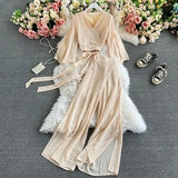 Women Bandage Two Piece Set Spring Autumn Solid Blue/Red/Green Long Sleeve Short Tops And High Waist Split Pants Female Suit