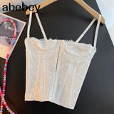 Embroidery Lace Women Camis Tops Women Corset Bralette Cami Front Buttons Crop Cute Vest Elegant French Chic Party