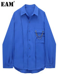 Women Blue Chain Big Size Casual Blouse New Lapel Long Sleeve Loose Fit Shirt Fashion Tide Spring Autumn 2023