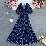 dot holiday casual wide leg jumpsuits V Neck Puff Sleeve Waist Elastic Rompers loose beach long