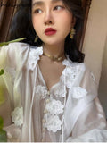 Women Shirts Chic 3D Floral White Blouses 2023 Blusas Mujer De Moda Embroidery See Throught Sexy Summer Blouse