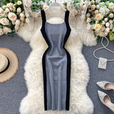 Women's Knitting Sheath Letters Tank Dress Female Bodycon Knitted Camisole Sleeveless Patchwork Mini Dresses For