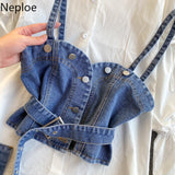 Two Pieces Outfits for Women Vintage Shirts Fashion Puff Sleeve Blouses Loose Denim Shirt Jeans Tops Vest Korean 2 Piece