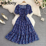 Sexy Square Collar Short Sleeve Women Midi Dress Beach Vacation Party Robe Female Elegant High Waist