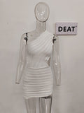 Fashion Women's Dress Diagonal Collar Backless Hollow Out Waist Solid Color Patchwork Mini Dresses Summer 2023 New