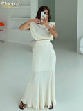 Summer O-Neck Crop Top Set Woman 2 Pieces Elegant Loose High Waist Skirt Set Female Casual Pleated Pink Suits With
