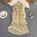 Spring Autumn Bohemian Women Tie Dye Printed Pleated Long Dress Boho Stand Collar Puff Sleeve High Waist Draped Maxi Vestido