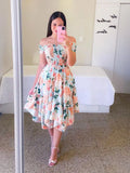 Summer Ladies Sexy Off Shoulder Flower Print Dress Elegant Short Sleeve Elastic Irregular Casual Dress Vestido De