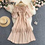 Women Off Shoulder Solid Dress Sexy Slash Neck Short Sleeve A-line Ruched Dresses Summer Bohemian Beach