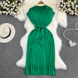 Summer French Retro Temperament Polo Collar Loose Belt A-Word Knitted Dress Casual