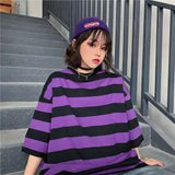 Fashion Hip Hop Women T-Shirt Loose Summer Oversize Striped Funny Female Tops Tees Purple Funny Japan Harajuku T Shirt