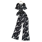 Mature Two Sets Of Women's Summer Dress Design Cross-Round Neckline Short-Sleeved Print Top High-Waisted Casual Broad-Legged
