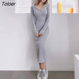 Vintage Casual Hooded Long Sleeve Long Party Dress Ladies Elegant Streetwear Robe Sexy Bodycon Skinny Female Split