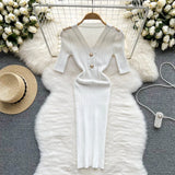 Button Knitted Dress Women Solid V Neck Summer 2022 Elegant Fashion Short Sleeves Ladies A Line Midi
