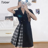 Sleeve Dress Women Asymmetrical Lace Up Patchwork Pleated Notched Plaid Womens Korean Style Sexy Trendy Elegant Casual