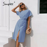 Party Cotton knotted straight women dress Casual O neck chic split dress Elegant green loose short sleeve ladies midi