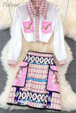2023 Fashion Runway Summer Skirt Suit Women's Horse Geometry Print Blouse And A Line Pocket Buttons Skirt 2 Two Piece