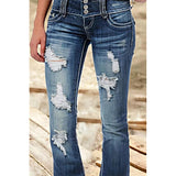 Waist Flared Jeans Women Button Casual Straight Leg Pants New 2023 Summer Pocket Hole Female Loose Office Lady Slim