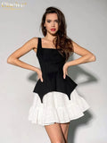 Sexy Black Patchwork Women Dresses 2023 Summer Bodycon Square Collar Sleeveless Mini Dress Elegant Classic Female