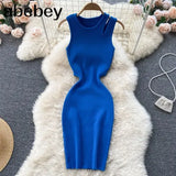 Strap Women Knitted Pencil Dress O Neck Sleeveless Elastic Slim Sheath Dresses Summer Korean Streetwear Short