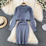 Beading Knitted Women Sets Loose Long Sleeves Sweater+ Solid Elastic Dress French Style Casual Two Piece