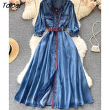 Vintage Embroidery Denim Maxi Dress Women Spring Lapel Pocket Lantern Sleeve Long Vestidos Belt Boho Beach Casual