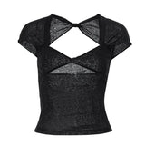 Sexy Low-cut V-neck T-shirts for Women Summer 2023 Irregular Back Hollow Out Backless Slim T-shirt Cropped Black