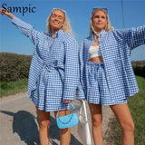 Sexy Casual Women Tracksuit Pink Plaid Shorts Lounge Wear Long Sleeve Shirt Tops And High Waist Mini Shorts Two Piece