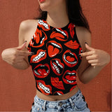 O-Neck Lip Print Short Crop Tank